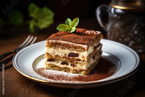 Close up on a portion of gourmet tiramisu Italian dessert topped with mint served on a plate on a rustic wooden table