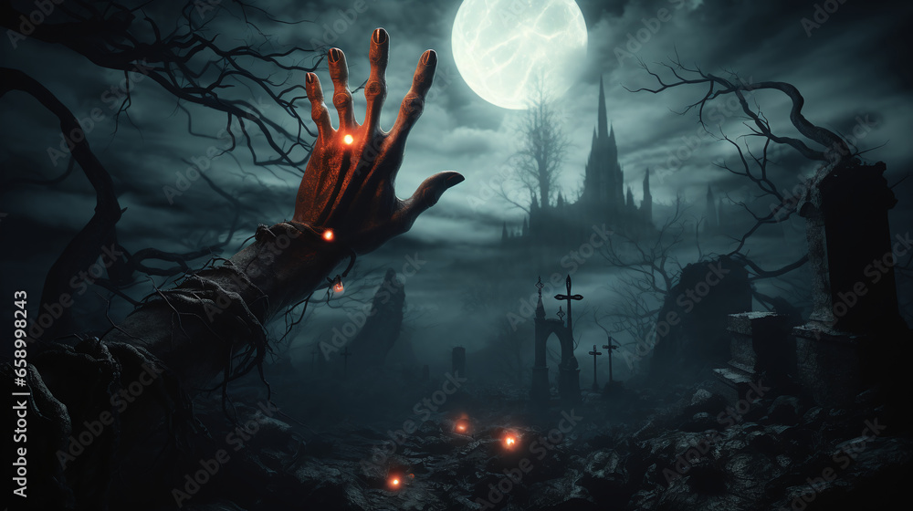Fototapeta premium A Frightening Night Scene: Zombie's Hand Emerges from the Grave