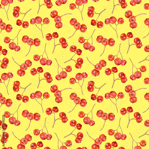 Hand drawn watercolor seamless pattern with red winter berries