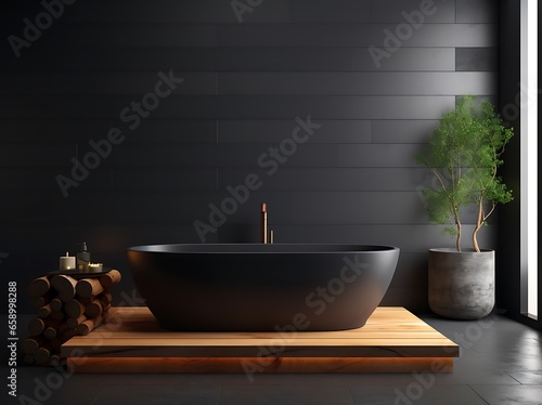 Interior of modern bathroom with black brick walls, concrete floor, comfortable black bathtub standing on wooden countertop. 3d rendering