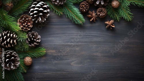 Beautifully arranged pinecones and evergreens in a flat lay style, offering an exquisite and serene empty space for flexible design utilization and winter-themed projects.