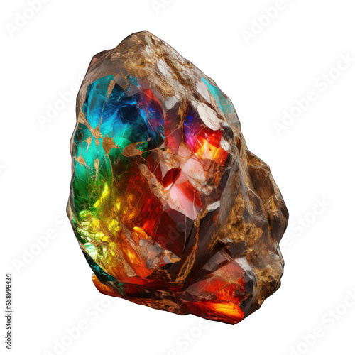 A vibrant rainbow stone mineral is displayed against a transparent background  exhibiting a stunning spectrum of colors from deep purples and blues to warm red and yellow hues. Generative AI