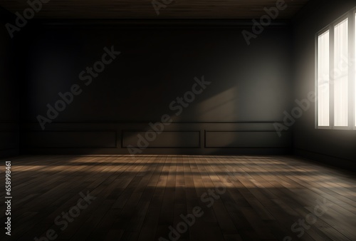 Dark room with window and wooden floor. 3D Rendering. photo