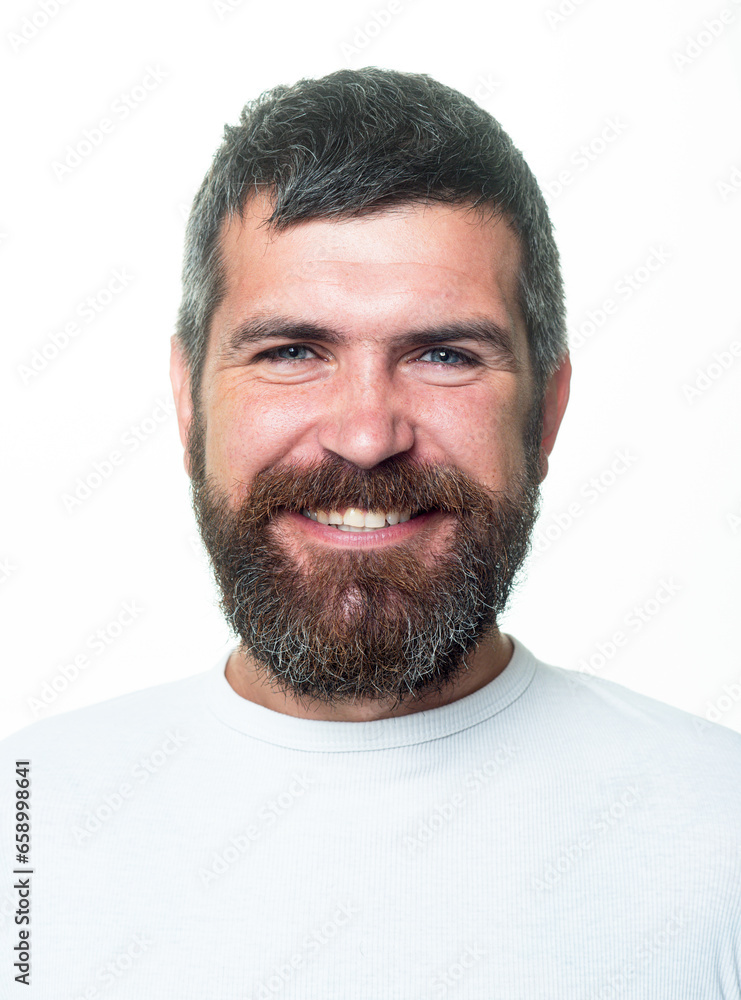 Obraz premium Bearded man. Happy smile face. Guy smiling portrait. Positive human facial expressions and emotions.
