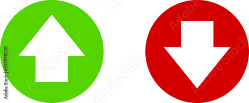 Green Up and Red Down Arrow Stock Market Inflation Interest Rate or Price Round Circle Icon Set. Vector Image.