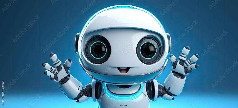 White cute robot with hands with blue light background. White cute robot with hands with blue light background.