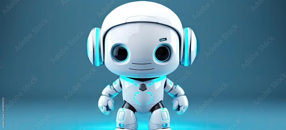 White cute robot with hands with blue light background. White cute robot with hands with blue light background.