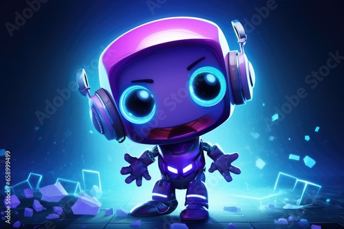 Purple and violet cute robot with hands with light blue spaceship background.