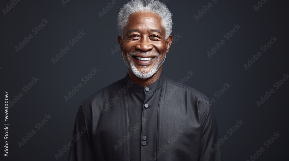 Obraz premium Aged Black men with greying hair, grinning on a neutral gray surface.