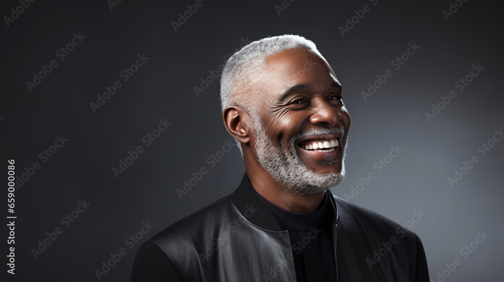 Aged Black men with greying hair, grinning on a neutral gray surface. Aged Black men with greying hair, grinning on a neutral gray surface.
