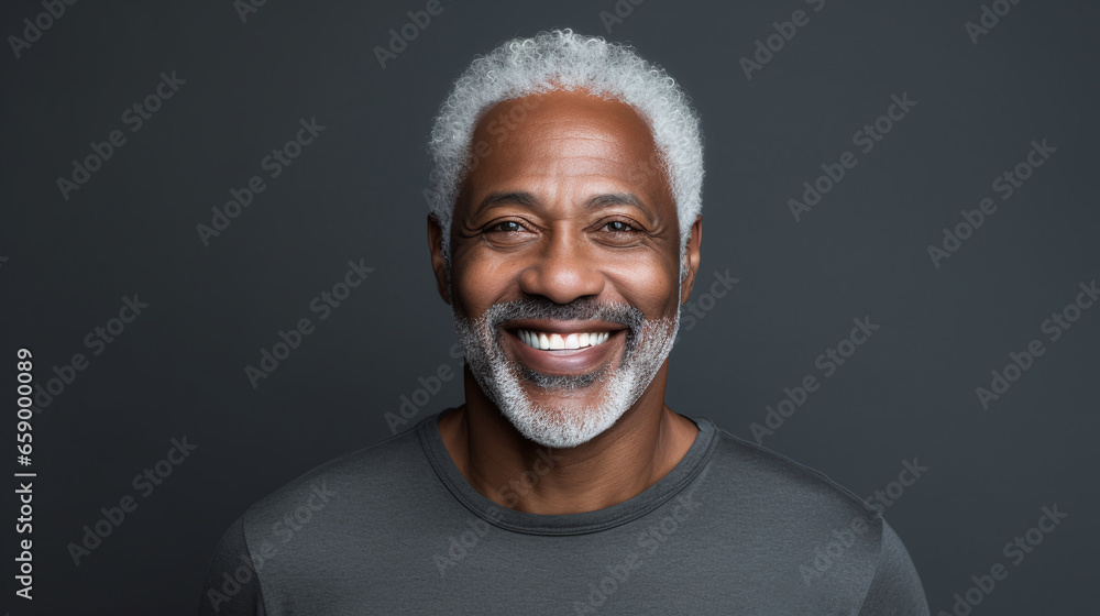 Old black men with gray hair, smiling down on a gray background Old black men with gray hair, smiling down on a gray background