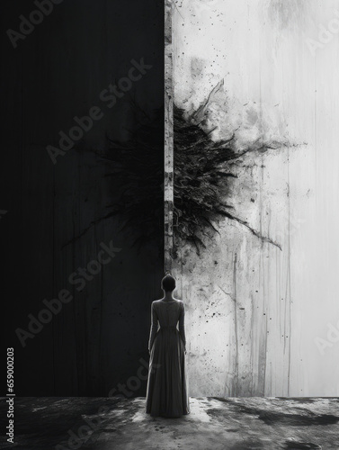 black and white yin yang woman, duality of light and darkness - by generative ai