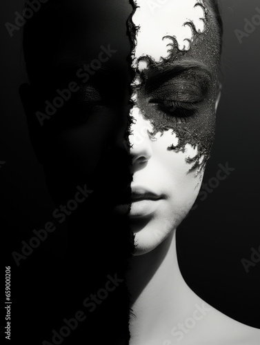 black and white portrait of a woman duality of light and darkness - by generatrive ai