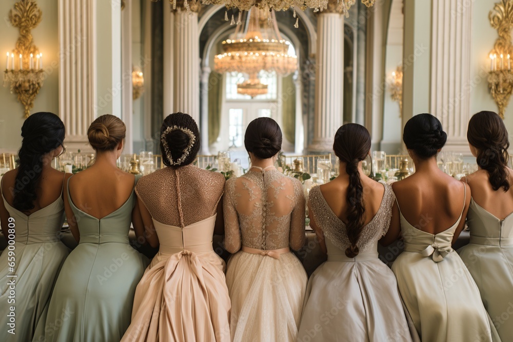 A bridal party, cloaked in sumptuous formal attire, stands against a scenic beach at sunset, their silhouettes gracefully juxtaposed against the pastel-hued sky. A bridal party, cloaked in sumptuous formal attire, stands against a scenic beach at sunset, their silhouettes gracefully juxtaposed against the pastel-hued sky.