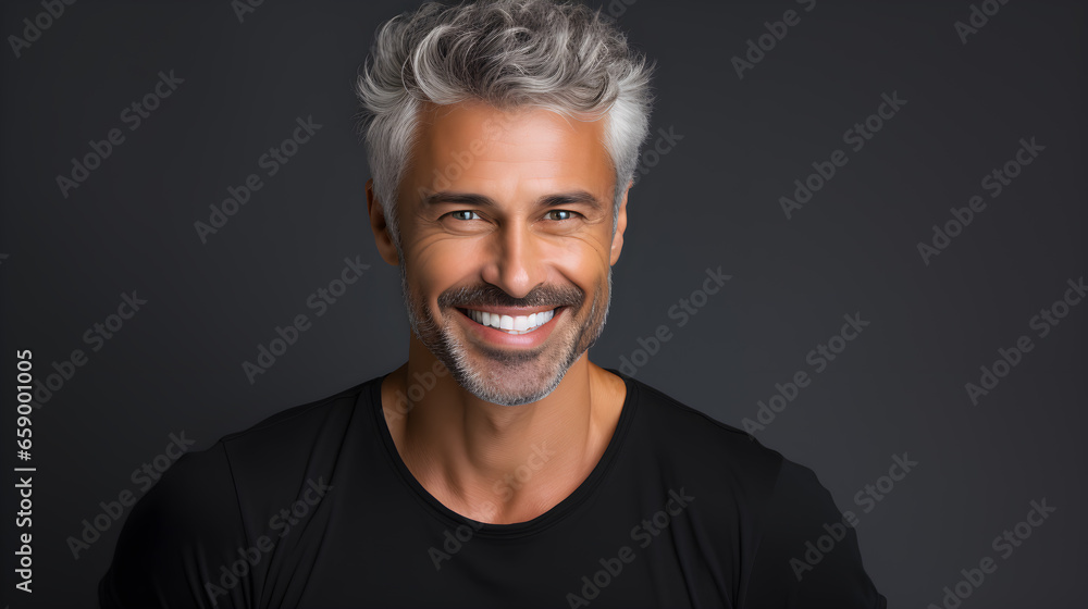 Fototapeta premium Handsome 40 year old man in black t-shirt with white hair, smiling, displaying vibrant health 
