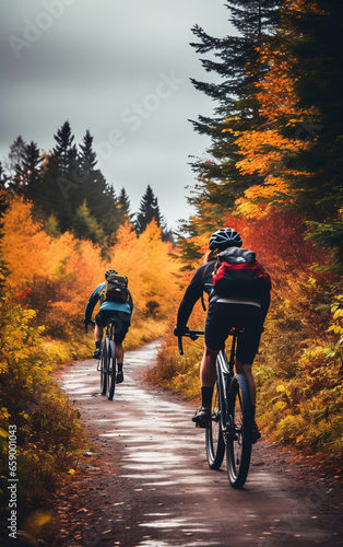 Two cyclists riding along an autumn forest road, back view, wellness and sport activity in autumn