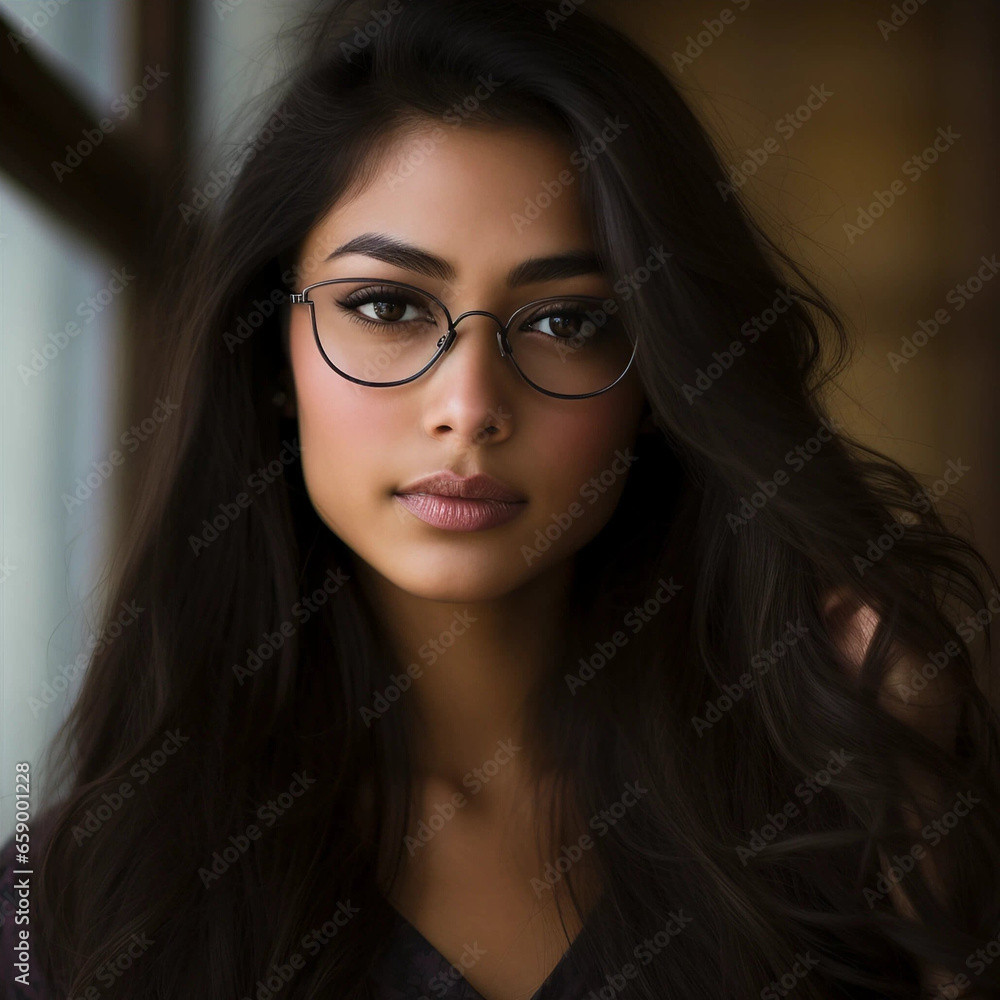 A Portrait of a Young Indian Woman Wearing Eyeglasses and a Black Blouse