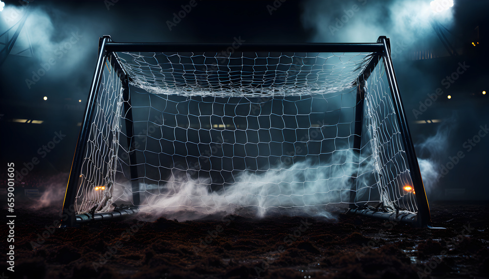 Sports goal with net on dark background in fog and smog. Football goal. - obrazy, fototapety, plakaty 