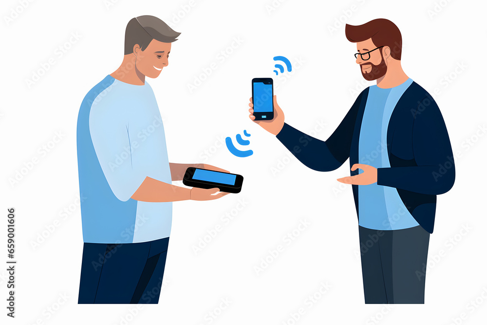 Mobile payment concept illustration. Two people using their mobile phones and contactless technology for paying. Data exchange wireless technology. Mobile payment concept illustration. Two people using their mobile phones and contactless technology for paying. Data exchange wireless technology.