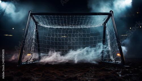 Sports goal with net on dark background in fog and smoke. Football goal. © AB-lifepct