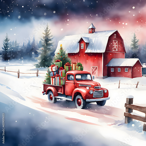 Christmas card vintage red truck with gifts on the farm near the barn, Christmas tree. Winter Watercolor illustration