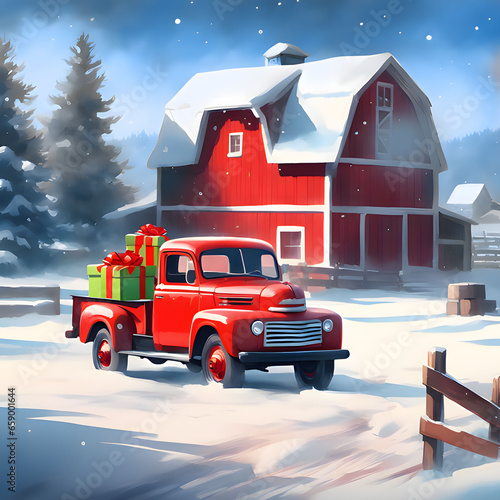Christmas Vintage red  truck with gifts. Winter old barn on the farm. Watercolor Christmas Postcard