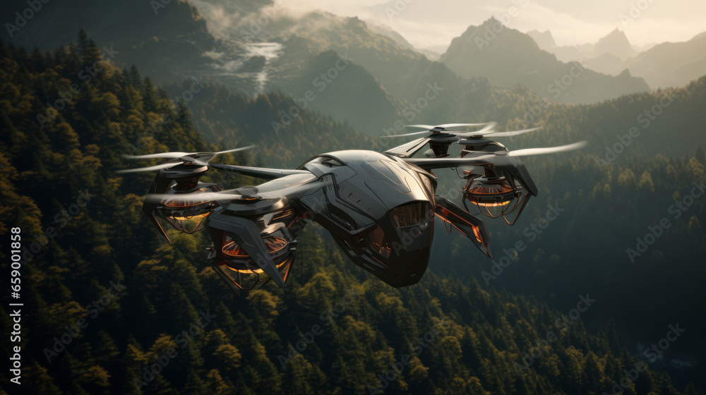 A futuristic flying drone taxi transports people over the forest and mountain. A futuristic flying drone taxi transports people over the forest and mountain.