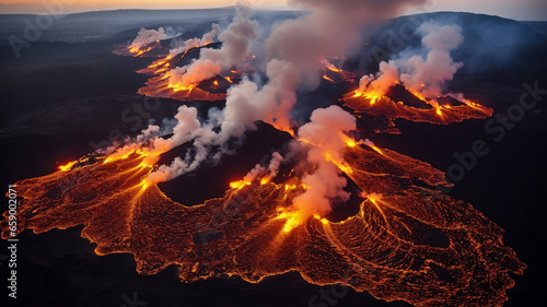 Lava Flow Erupting Volcano Magma Burning Flames Soil Ashes Smokes Molten Natural Disaster on Fire Hazard Destroying Eruption Hot Deadly Killing