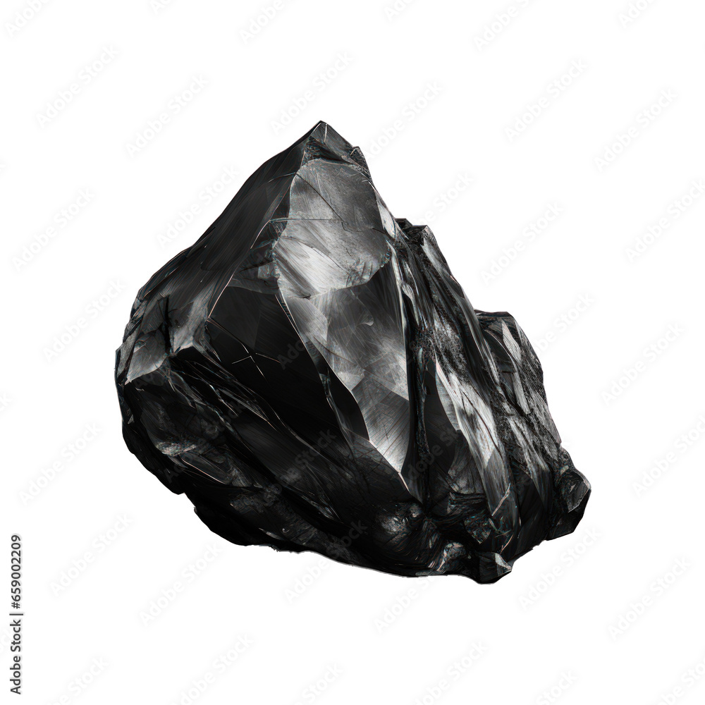 An isolated image of a black stone mineral present on a transparent background, exhibiting a dark, shiny and textured surface. Generative AI