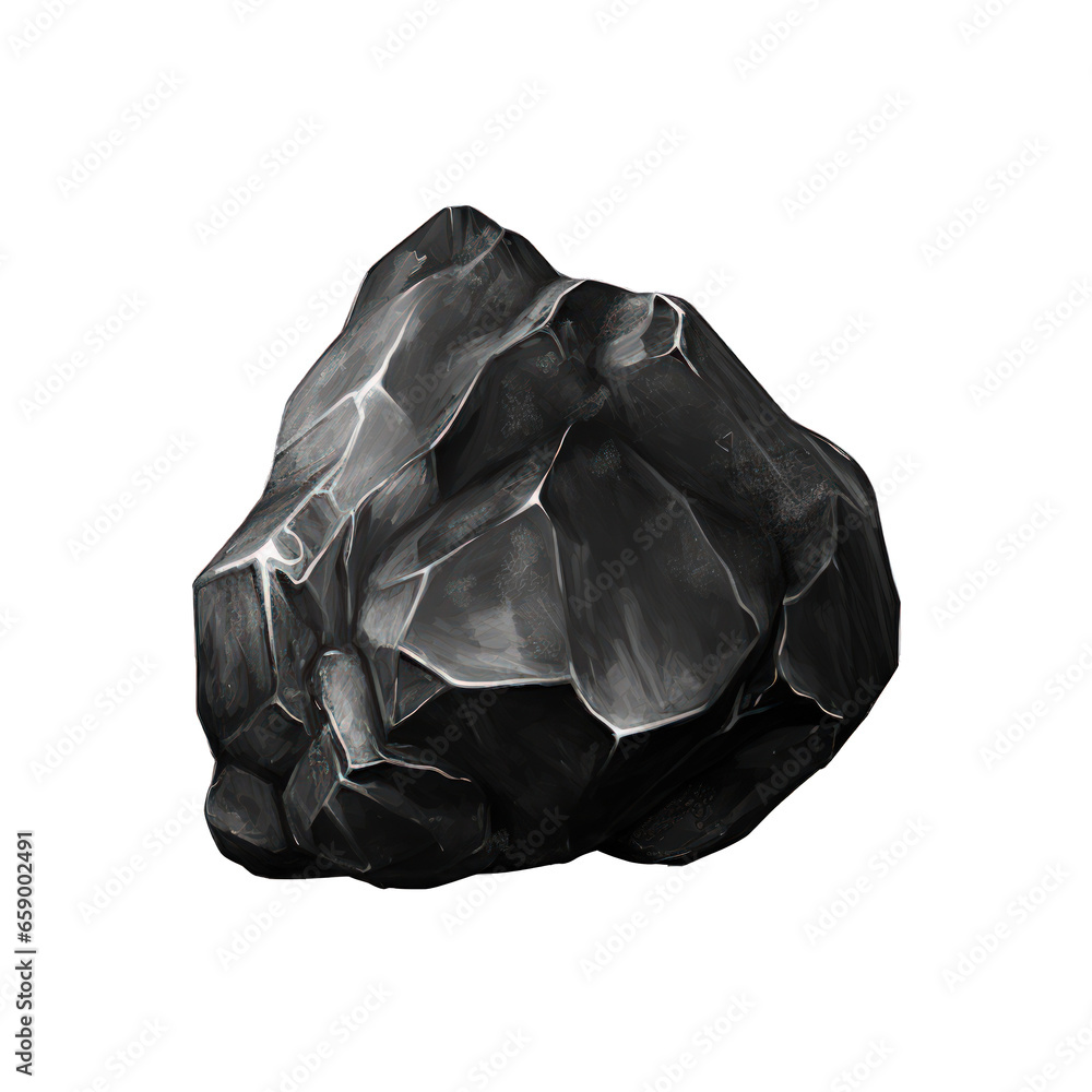 A black stone mineral is showcased on a transparent background, showcasing its dark allure and glossy texture with reflective light. Generative AI