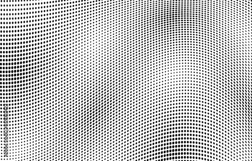 Digital spotted texture. Wavy half tone effect pattern. Abstract optical texture. Halftone background with dots. Black white banner. Futuristic pop art print. Monochrome vector illustration.