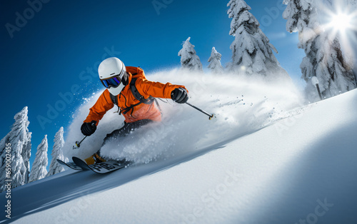 Skier jumping in the snow mountains on the slope with his ski and professional equipment on a sunny day © perfectlab