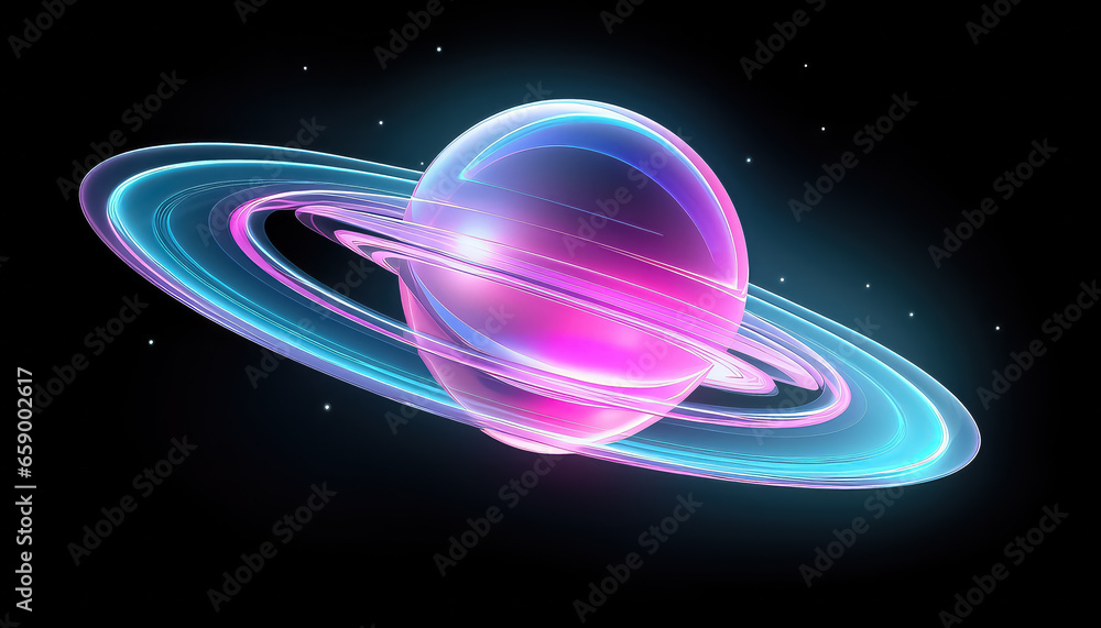 abstract symbol of the planet saturn in geometric shape with neon light, glowing ultraviolet rings