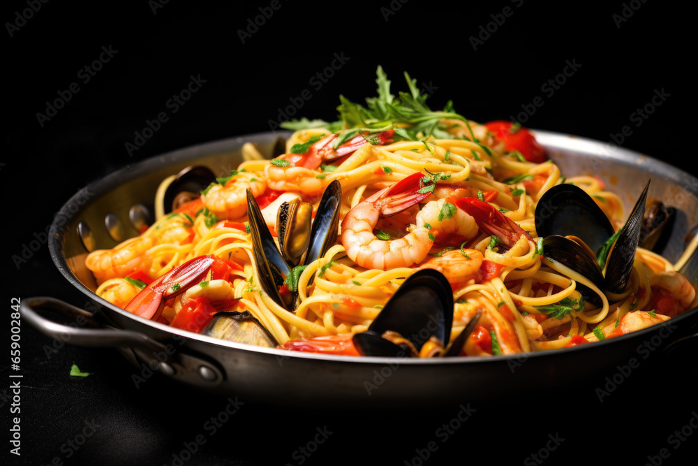 Fresh Spaghetti pasta with seafood on the plate close up Fresh Spaghetti pasta with seafood on the plate close up