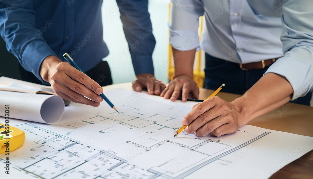 Construction workers in hardhats labor over blueprints at a table, showcasing teamwork, planning, and progress in a dynamic stock photo Construction workers in hardhats labor over blueprints at a table, showcasing teamwork, planning, and progress in a dynamic stock photo