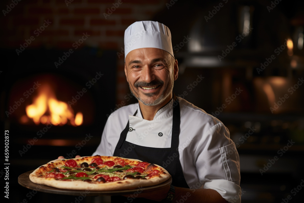Portrait of professional chef in a pizzeria, pizzaiolo presenting freshly cooked pizza Portrait of professional chef in a pizzeria, pizzaiolo presenting freshly cooked pizza