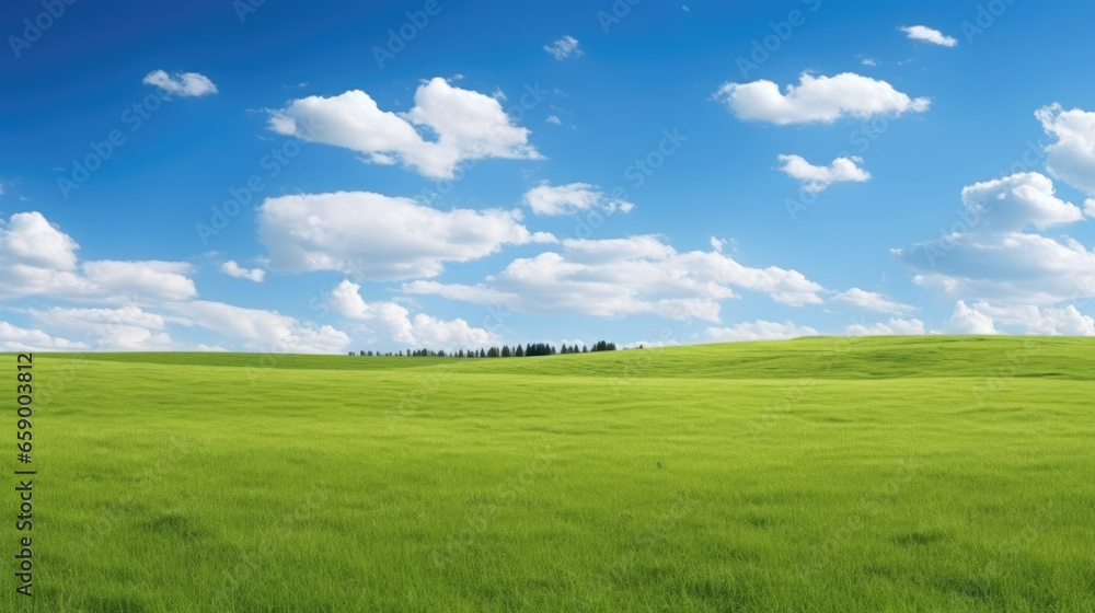 Beautiful natural scenic panorama green field of cut grass into and blue sky with clouds on horizon. Beautiful natural scenic panorama green field of cut grass into and blue sky with clouds on horizon.