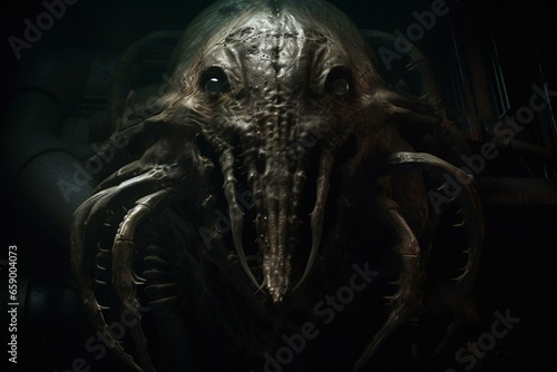 an eerie sea creature depicted in a collaboration between Lovecraft and Giger. Generative AI © Ulani