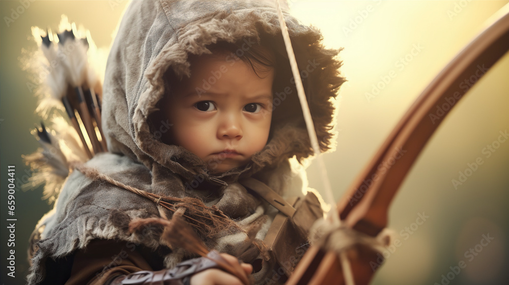 Fototapeta premium Wrapped in archery-themed attire, a baby holds a soft bow and arrow