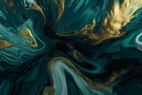 Elegant liquid swirls in teal and blue with shimmering gold accents. Luxurious artwork backdrop. Generative AI