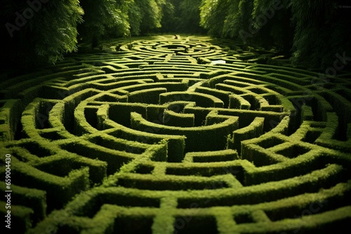 A maze with lush green shrubs. Generative AI