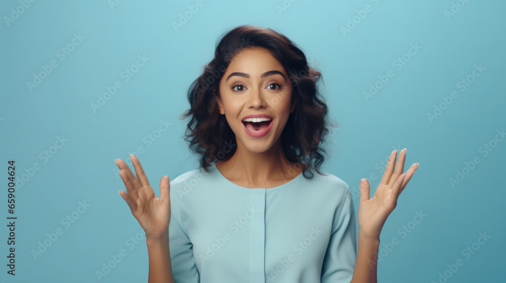 Energetic Promotion: A Vibrant Young Hispanic Woman Enthusiastically Advertising with Open Palms Against a Calming Pastel Blue Background.. Energetic Promotion: A Vibrant Young Hispanic Woman Enthusiastically Advertising with Open Palms Against a Calming Pastel Blue Background..