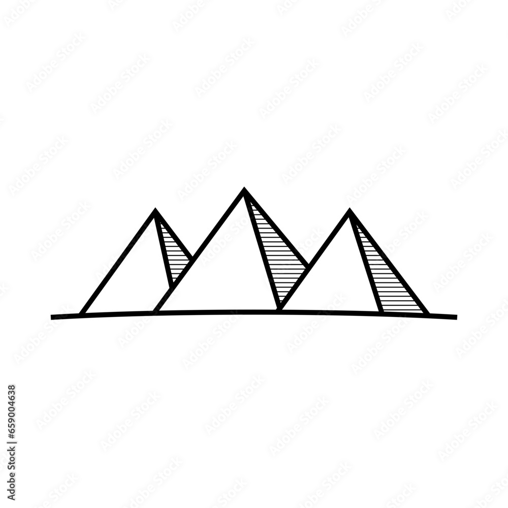 Three pyramids lined up in a daytime setting. Pyramids drawing with line style and shading Three pyramids lined up in a daytime setting. Pyramids drawing with line style and shading