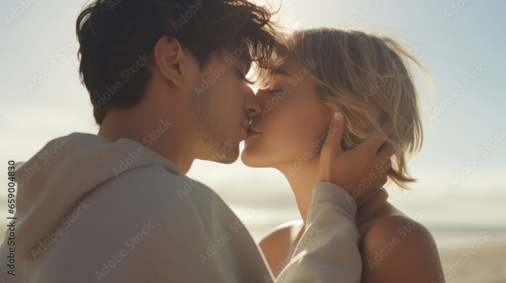 Beachside Love: A Young Couple's Tender Kiss by the Shore on a Radiant Sunny Day. Beachside Love: A Young Couple's Tender Kiss by the Shore on a Radiant Sunny Day.