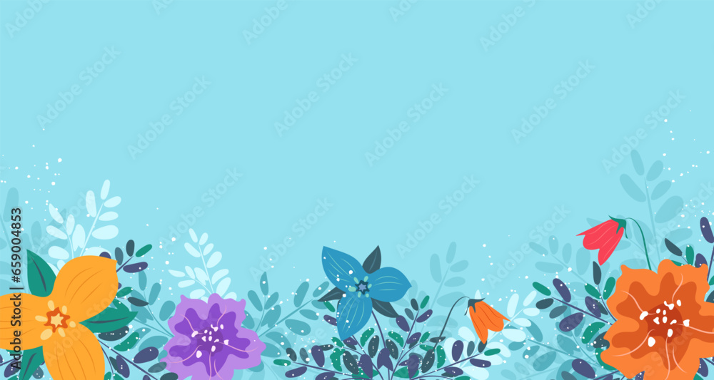 Horizontal banner, floral background with flowers and leaves.