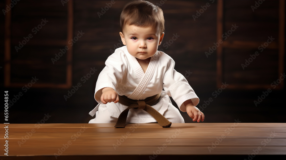 A baby in karate uniform poses with a soft karate board A baby in karate uniform poses with a soft karate board