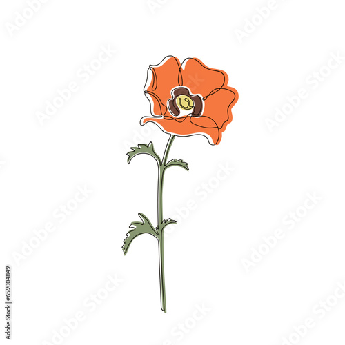 One poppy flower with a stem and leaves in the center of a white background in the style of linart with abstract spots