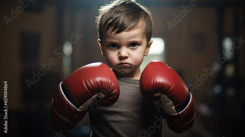Dressed in boxing gloves, a baby poses with a plush punching bag © siripimon2525