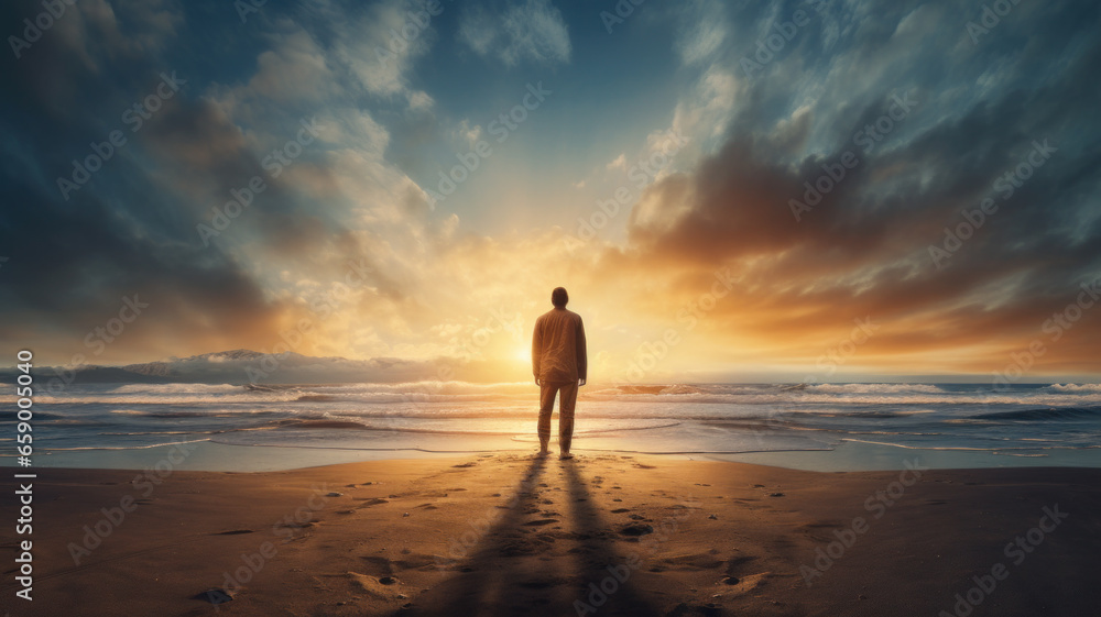 A person standing on the beach at sunset