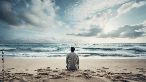 Man sitting on a sand beach and looking to the sea. Peaceful place to relax and meditate. Calm weather. © ekim